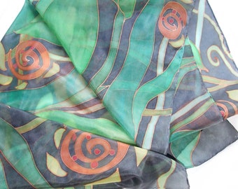 Hand painted silk scarf "Plants", decorative shawl, green-navy silk scarf, silk shawl with floral decoration