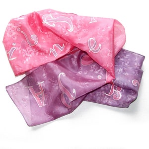 Hand painted silk scarf Letters, Pink-purple silk scarf, 36 x 136 cm silk shawl, Woman gift image 1