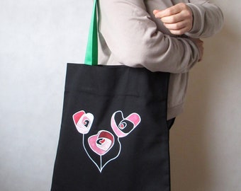 Large cotton black bag painted Flowers-hearts, bag with long green handles, shopping bag, casual, gift for her, Valentine's Day gift