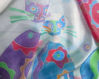Colorful cats, hand-painted silk scarf for woman