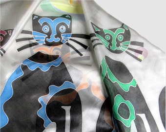 Hand painted silk scarf Black cats with colorful accents gift for cat lover for woman, Gray black green blue purple scarf