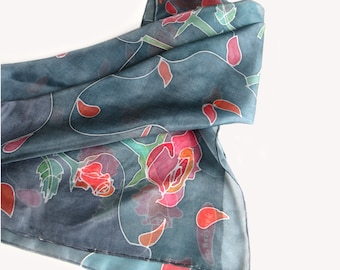 Large hand painted silk scarf for her Red roses