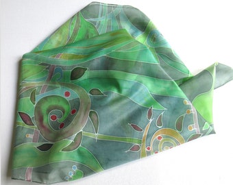 Hand painted silk shawl in greens, scarf for woman, with floral motifs