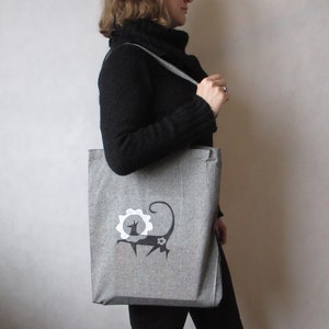 Hand-painted cotton bag Sunny Dog, with long handles, gray, ash tote bag, everyday bag image 6