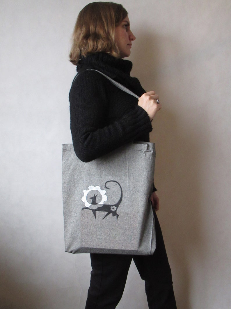 Hand-painted cotton bag Sunny Dog, with long handles, gray, ash tote bag, everyday bag image 6