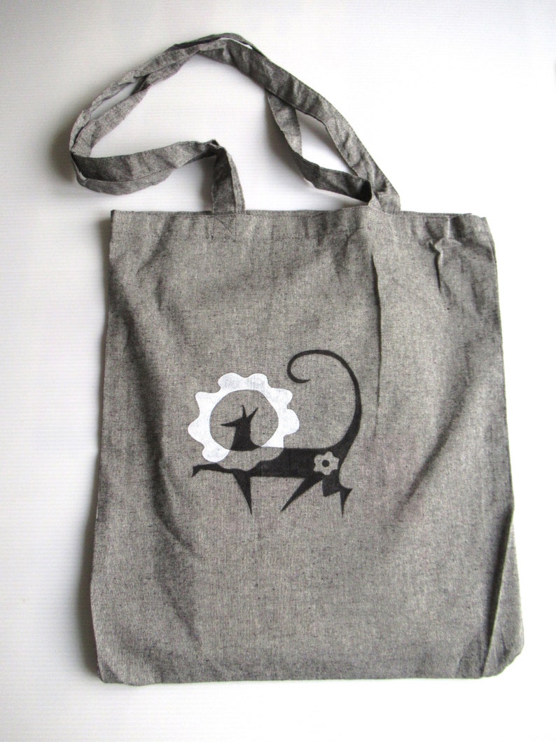 Hand-painted cotton bag Sunny Dog, with long handles, gray, ash tote bag, everyday bag image 1