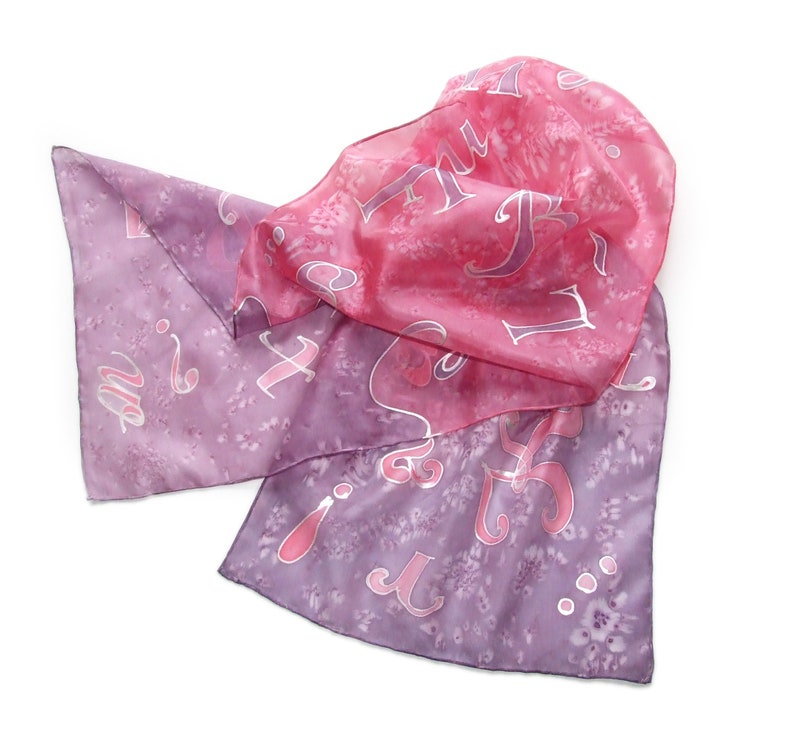 Hand painted silk scarf Letters, Pink-purple silk scarf, 36 x 136 cm silk shawl, Woman gift image 6