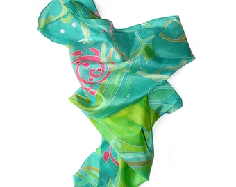 An impressive spring hand-painted silk scarf, a large green and pink scarf, a gift for a woman