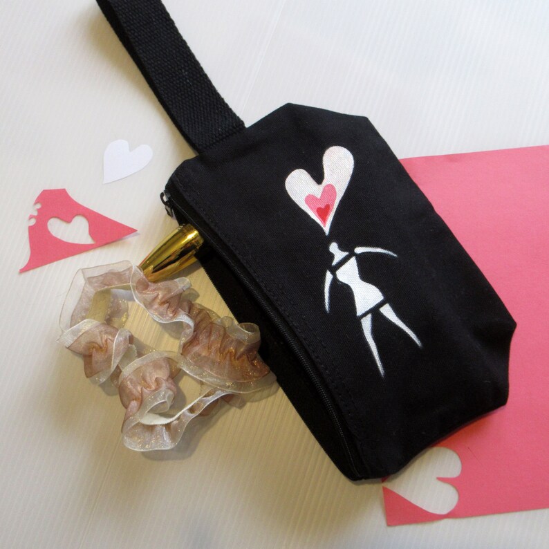 Trousse cosmétique en coton noir peinte à la main pour petite amie ou femme, cadeau Saint Valentin, coton, sachet élégant, portefeuille pour femme image 2