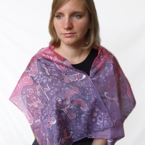 Hand painted silk scarf Letters, Pink-purple silk scarf, 36 x 136 cm silk shawl, Woman gift image 9