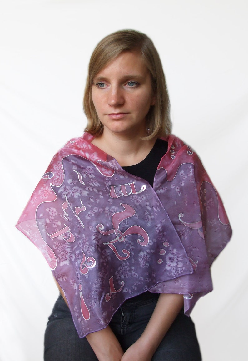 Hand painted silk scarf Letters, Pink-purple silk scarf, 36 x 136 cm silk shawl, Woman gift image 9