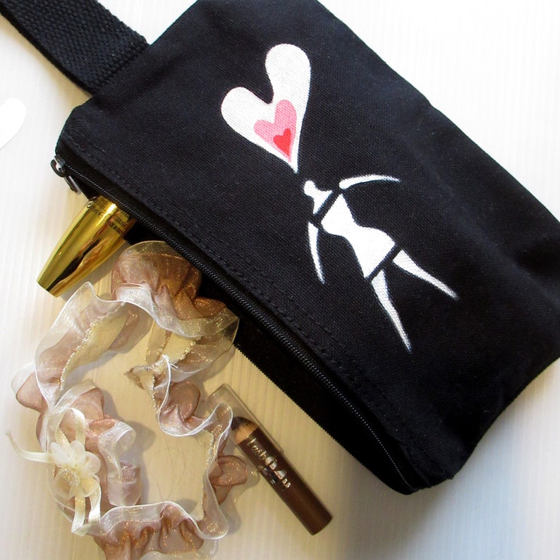 Trousse cosmétique en coton noir peinte à la main pour petite amie ou femme, cadeau Saint Valentin, coton, sachet élégant, portefeuille pour femme image 3
