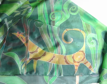 Hand-painted silk scarf with an animal among plants, around the neck, gift for woman, scarf with a floral pattern, green silk scarf, fantasy