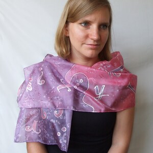 Hand painted silk scarf Letters, Pink-purple silk scarf, 36 x 136 cm silk shawl, Woman gift image 7