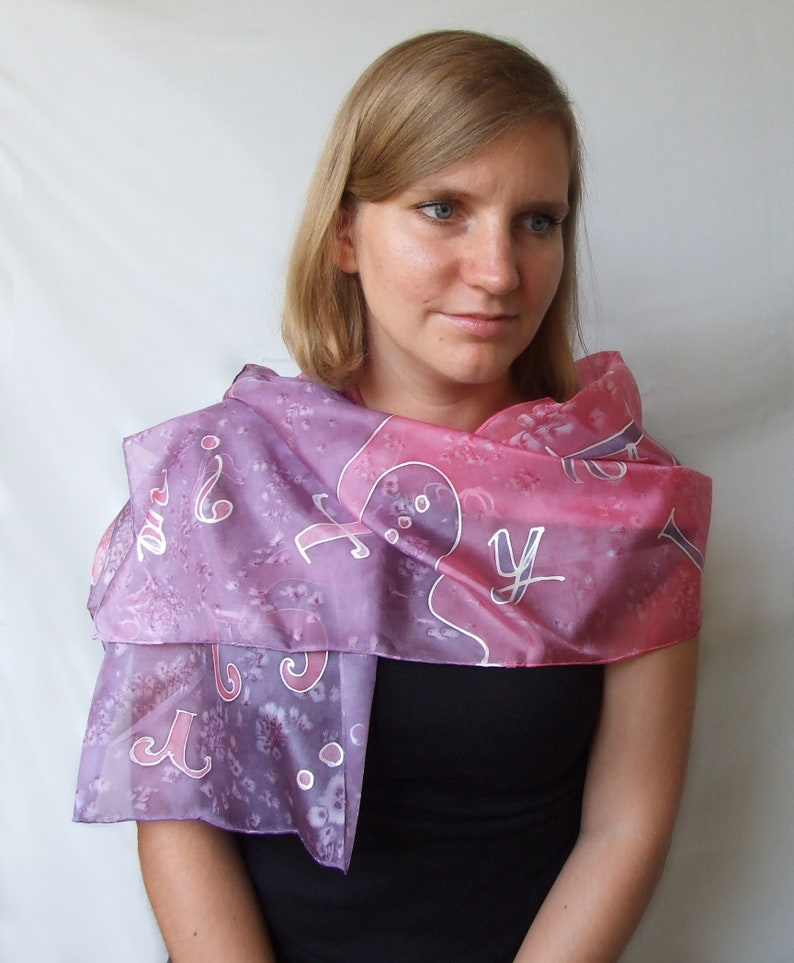 Hand painted silk scarf Letters, Pink-purple silk scarf, 36 x 136 cm silk shawl, Woman gift image 7