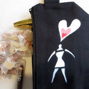 Trousse cosmétique en coton noir peinte à la main pour petite amie ou femme, cadeau Saint Valentin, coton, sachet élégant, portefeuille pour femme image 5