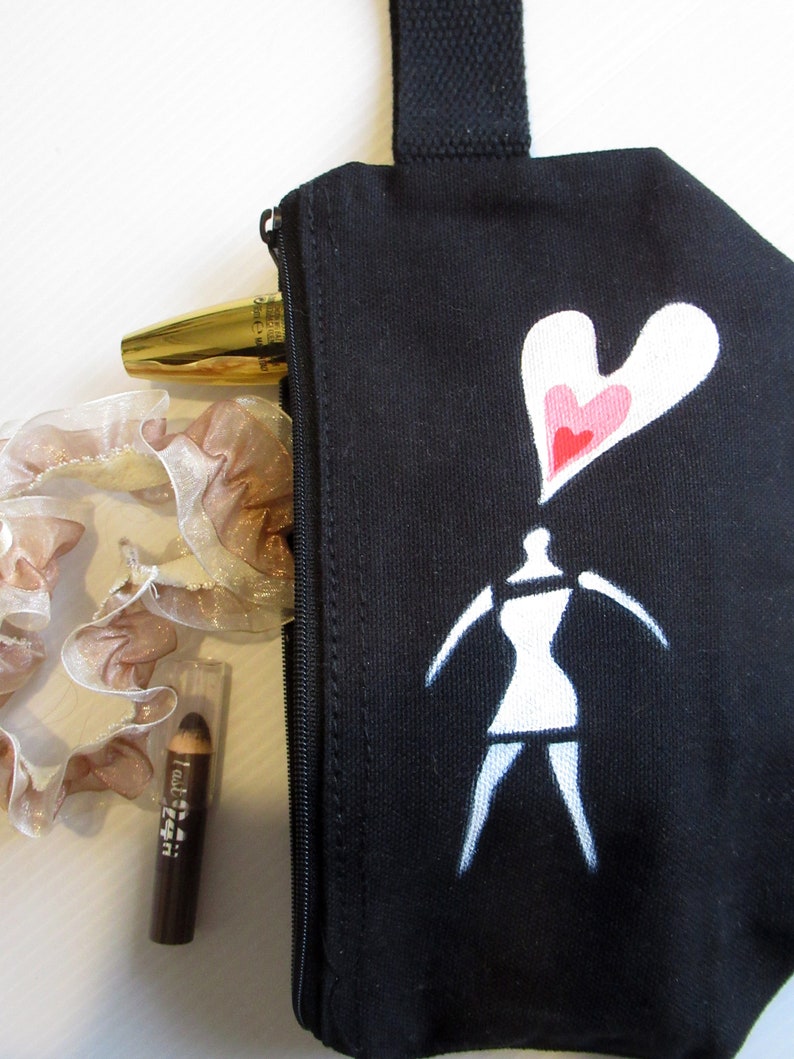 Trousse cosmétique en coton noir peinte à la main pour petite amie ou femme, cadeau Saint Valentin, coton, sachet élégant, portefeuille pour femme image 5