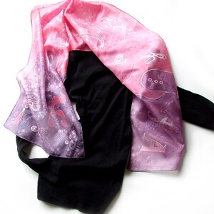 Hand painted silk scarf Letters, Pink-purple silk scarf, 36 x 136 cm silk shawl, Woman gift image 8