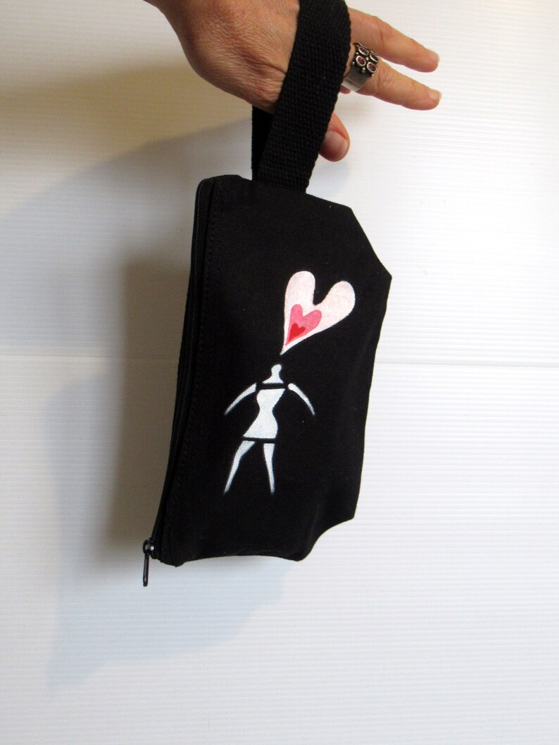 Trousse cosmétique en coton noir peinte à la main pour petite amie ou femme, cadeau Saint Valentin, coton, sachet élégant, portefeuille pour femme image 6