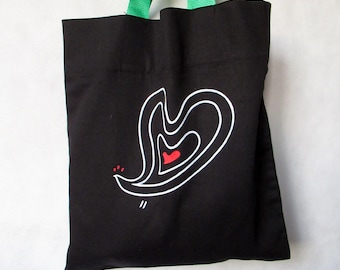 Hand painted black cotton tote bag Valentine the bird, bag with a painted heart, gift for her, Valentine's Day gift, bag with long handles