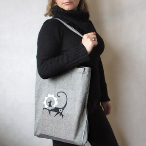 Hand-painted cotton bag Sunny Dog, with long handles, gray, ash tote bag, everyday bag image 4