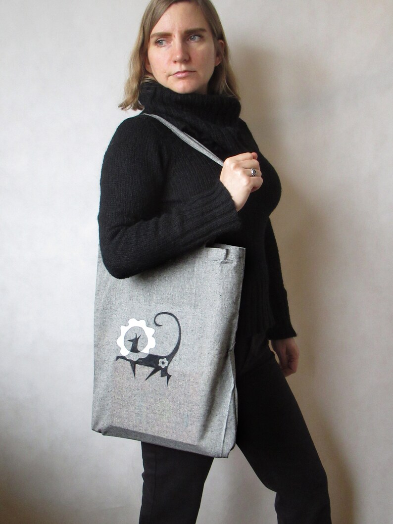 Hand-painted cotton bag Sunny Dog, with long handles, gray, ash tote bag, everyday bag image 4