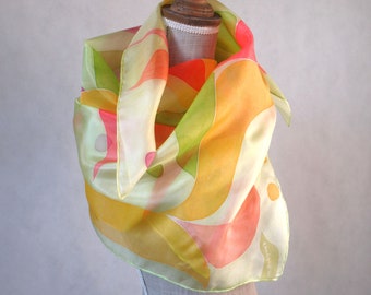 A large hand-painted silk scarf in shades of yellow, orange and green. Gift for mother, sister, teacher, wife. Silk painting