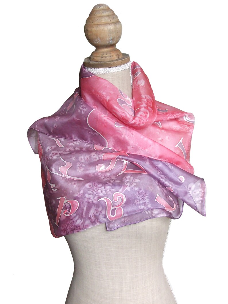 Hand painted silk scarf Letters, Pink-purple silk scarf, 36 x 136 cm silk shawl, Woman gift image 4