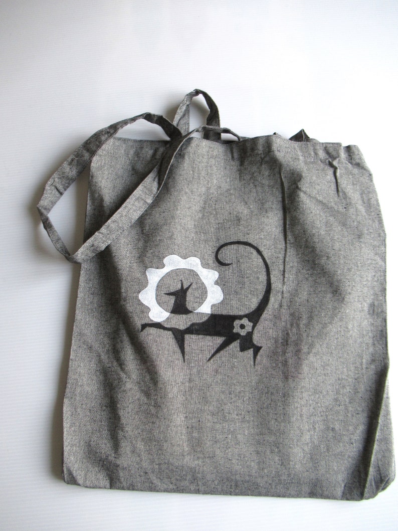 Hand-painted cotton bag Sunny Dog, with long handles, gray, ash tote bag, everyday bag image 5