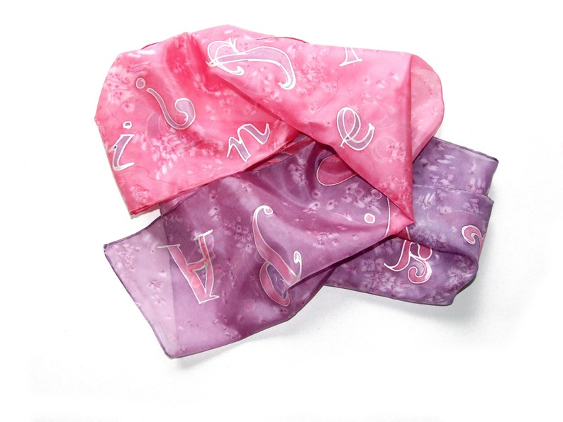 Hand painted silk scarf Letters, Pink-purple silk scarf, 36 x 136 cm silk shawl, Woman gift image 1