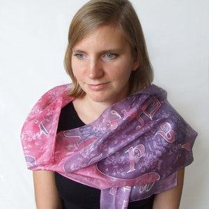 Hand painted silk scarf Letters, Pink-purple silk scarf, 36 x 136 cm silk shawl, Woman gift image 3