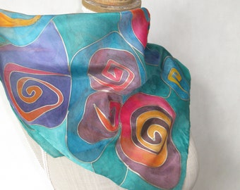 Ręcznie malowany kolorowy cygański szalik jedwabny, prezent dla kobiety, mamy, nauczycielki, żony, abstrakcyjny ręcznie malowany jedwabny szal, luksusowy prezent dla niej