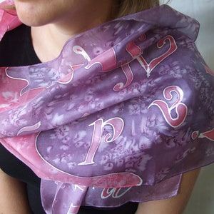 Hand painted silk scarf Letters, Pink-purple silk scarf, 36 x 136 cm silk shawl, Woman gift image 2