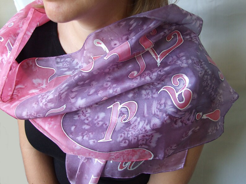 Hand painted silk scarf Letters, Pink-purple silk scarf, 36 x 136 cm silk shawl, Woman gift image 2