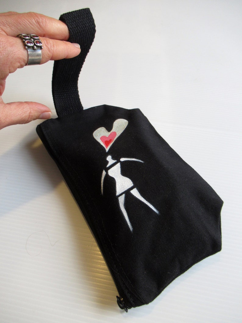 Trousse cosmétique en coton noir peinte à la main pour petite amie ou femme, cadeau Saint Valentin, coton, sachet élégant, portefeuille pour femme image 4