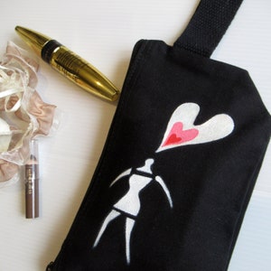 Trousse cosmétique en coton noir peinte à la main pour petite amie ou femme, cadeau Saint Valentin, coton, sachet élégant, portefeuille pour femme image 1