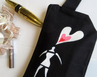 Trousse cosmétique en coton noir peinte à la main pour petite amie ou femme, cadeau Saint Valentin, coton, sachet élégant, portefeuille pour femme