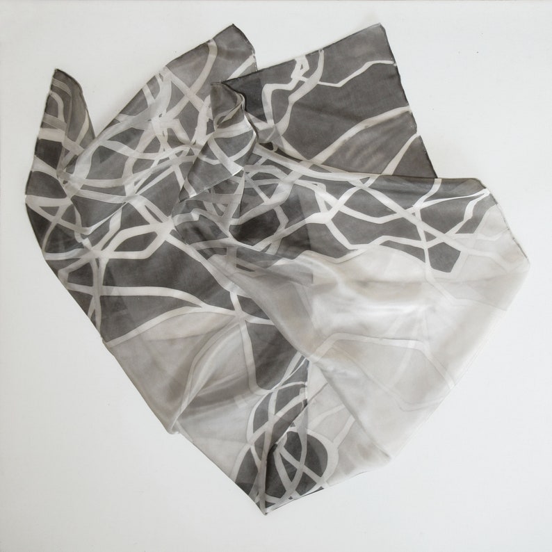 Silk scarf hand-painted in gray and black. image 5