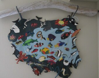 Original Leather Salt Water Fish Collage 3D! Each piece is cut out by hand  to form this beautiful colorful collage..