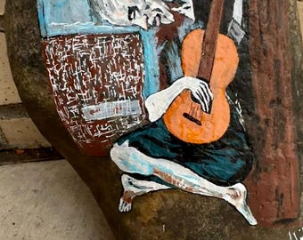 Picasso hand painted rock!  'The Old Guitarist'