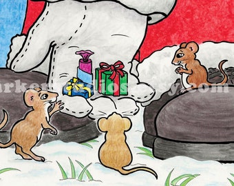 Holiday card with mice on santa boots | illustrated holiday cards | cartoon Christmas card | cute holiday card | small gifts great joy