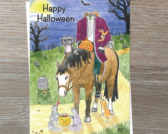 Halloween card, Headless Horseman card with horse, cat, raccoon, mice, rabbits, illustrated halloween card, hand drawn card, blank inside