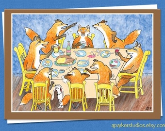 Funny holiday card with foxes | Hand drawn card in watercolor | Illustrated holiday card | fox cards | thanksgiving cards | cartoon