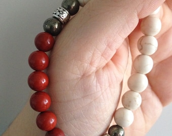Bracelet homme en howlite, pyrite et jaspe rouge, bijoux Yin Yang