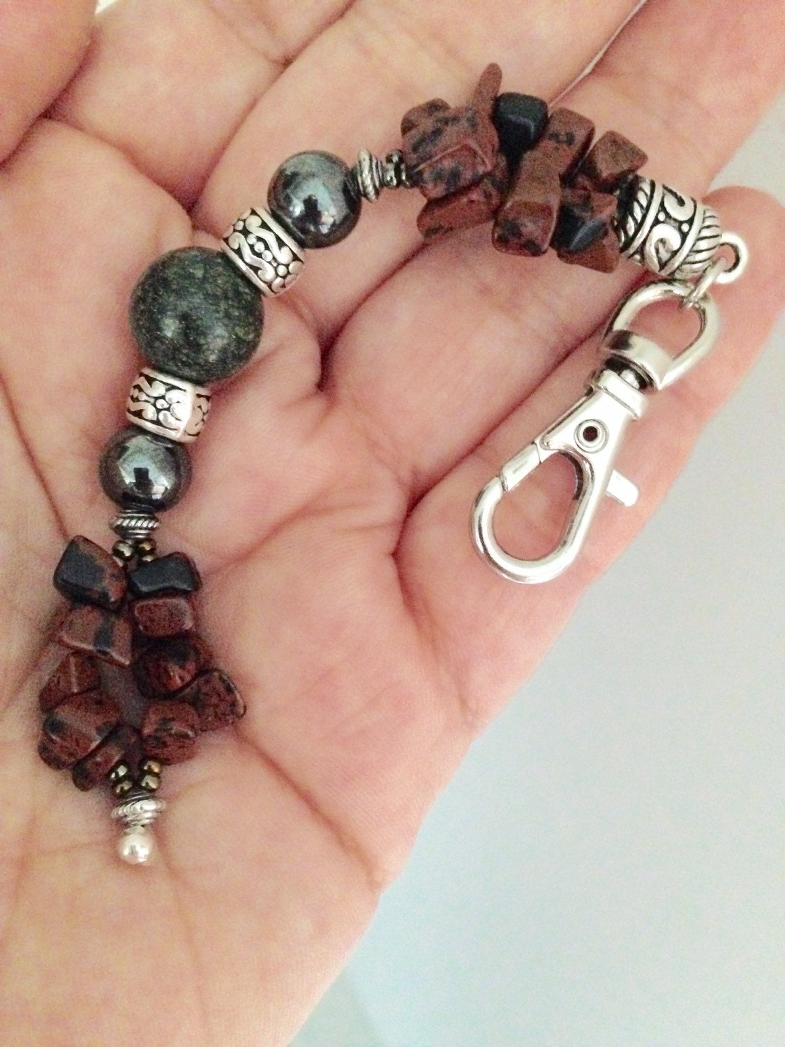 PROTECTION keychain (KC006) from malice and evil eye w/serpentine, hematite and mahogany obsidian, stone keychain