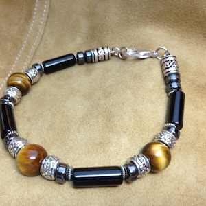 Pulseira masculina (B076) - Olho de tigre, ônix preto e hematita, pulseira de pedra, joias de pedra, pulseira mala