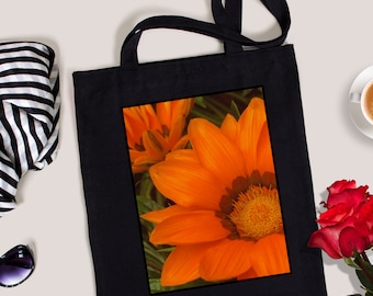 Sac fourre-tout en coton noir à imprimé tournesol, cabas réutilisable respectueux de l'environnement
