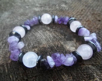 AMETHYST & ROSE (B223) quartz bracelet, hematite grounding, attract love, love yourself, natural stone bracelet