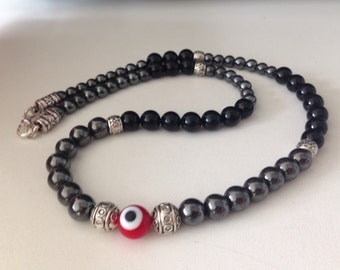 Collier mauvais œil, onyx noir, hématite, bijou de protection