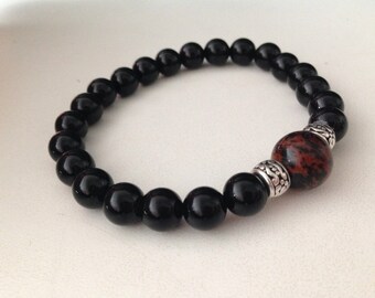 Bracelet homme acajou, obsidienne et onyx noir, amulette en pierre